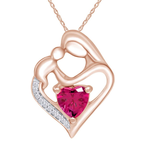 Jewel Zone US Simulated Ruby & Natural Diamond Looping Heart Pendant in 14K Gold Over Sterling Silver 